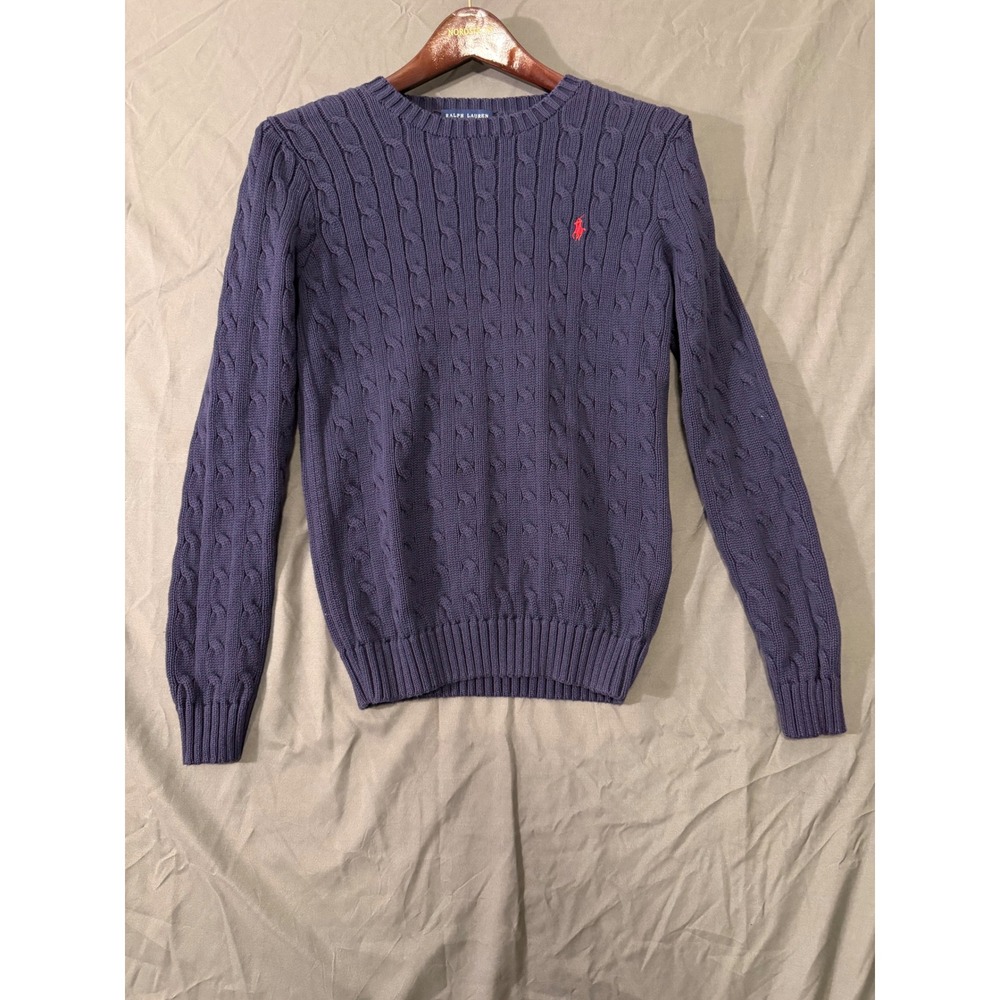 Ralph Lauren Mens Cable Knit Sweater Navy Blue Cotton Crew Neck Red Pony Size M
